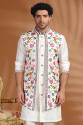 Pearl White Silk Floral Embroidered Jacket Kurta Set